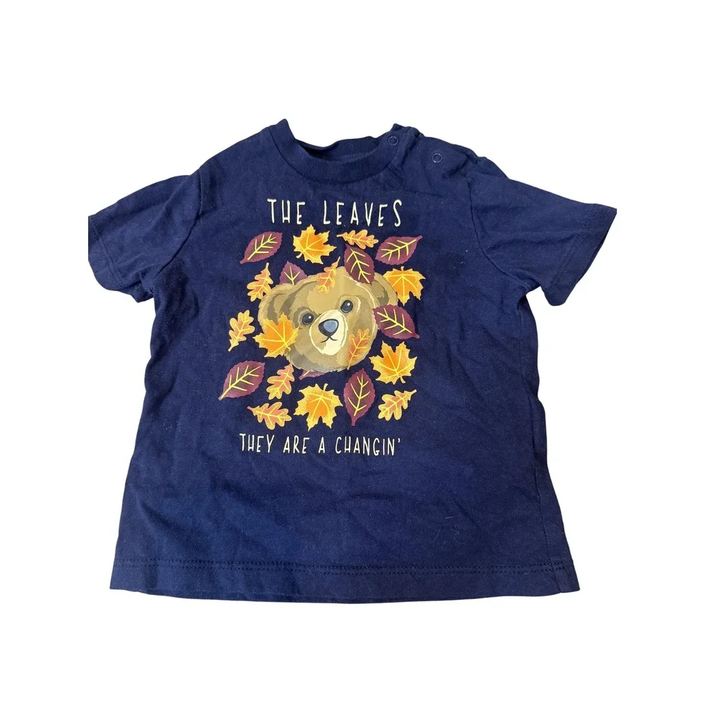 Ralph Lauren Shirt Boys 12M Navy Fall Leaves‎ Bear Graphic Tee Shoulder Snaps